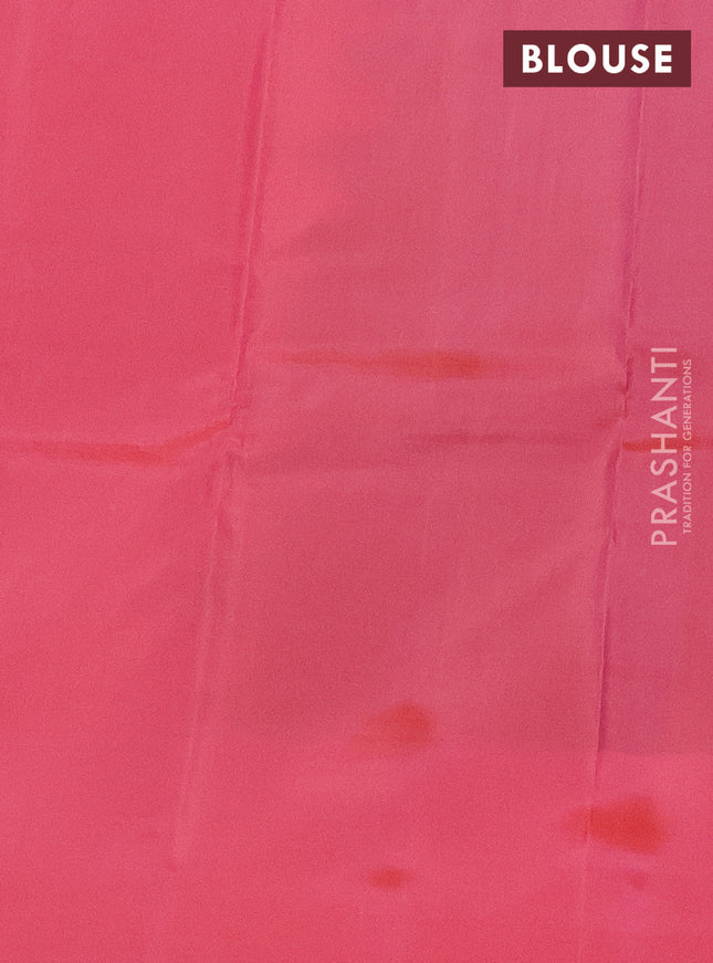 Kanchipuram silk saree dual shade of dark mustard and peach pink with allover copper zari weaves and simple border