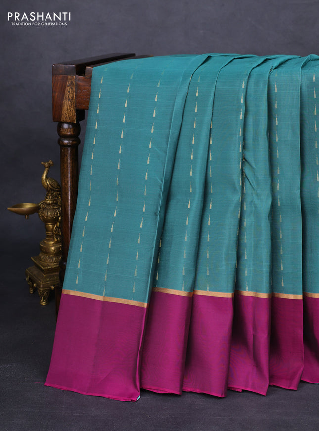 Kanchipuram silk saree pastel green and purple with allover zari woven temple buttas and zari woven simple border