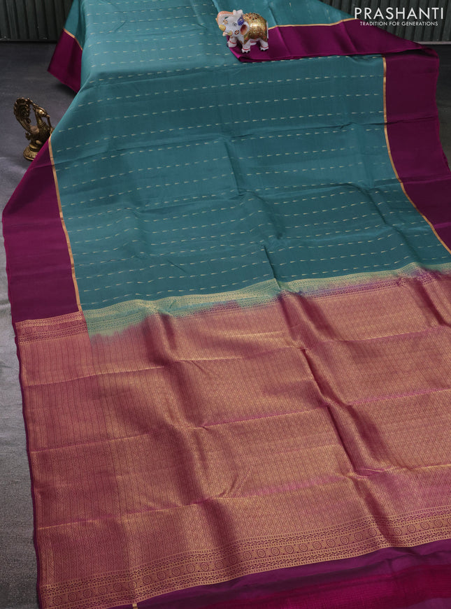 Kanchipuram silk saree pastel green and purple with allover zari woven temple buttas and zari woven simple border