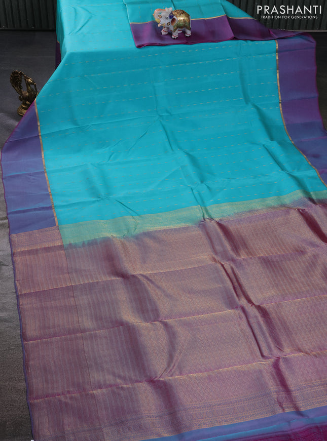 Kanchipuram silk saree teal blue and dual shade of purple with allover zari woven temple buttas and zari woven simple border
