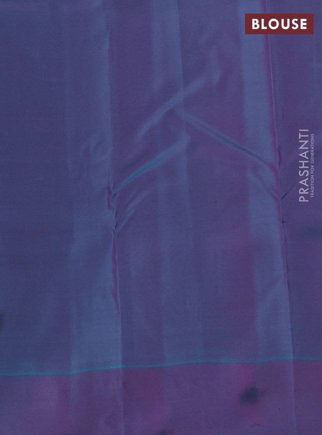 Kanchipuram silk saree dark magenta pink and dual shade of teal blue with allover zari weaves and simple border