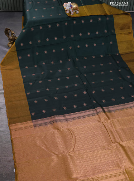 Kanchipuram silk saree dark green and mustard shade with zari woven buttas and self emboss border