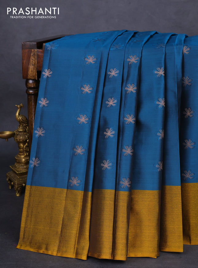 Kanchipuram silk saree peacock green and mustard shade with zari woven buttas and self emboss border