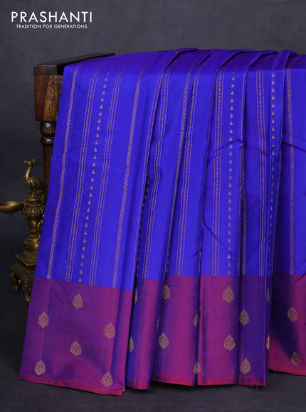 Kanchipuram silk saree blue and dual shade of maroon with allover zari weaves and zari woven butta border