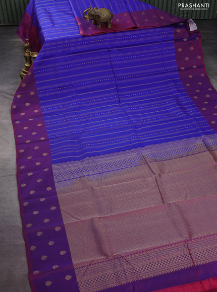 Kanchipuram silk saree blue and dual shade of maroon with allover zari weaves and zari woven butta border
