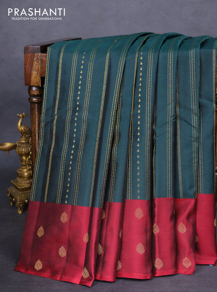 Kanchipuram silk saree green and maroon with allover zari weaves and zari woven butta border