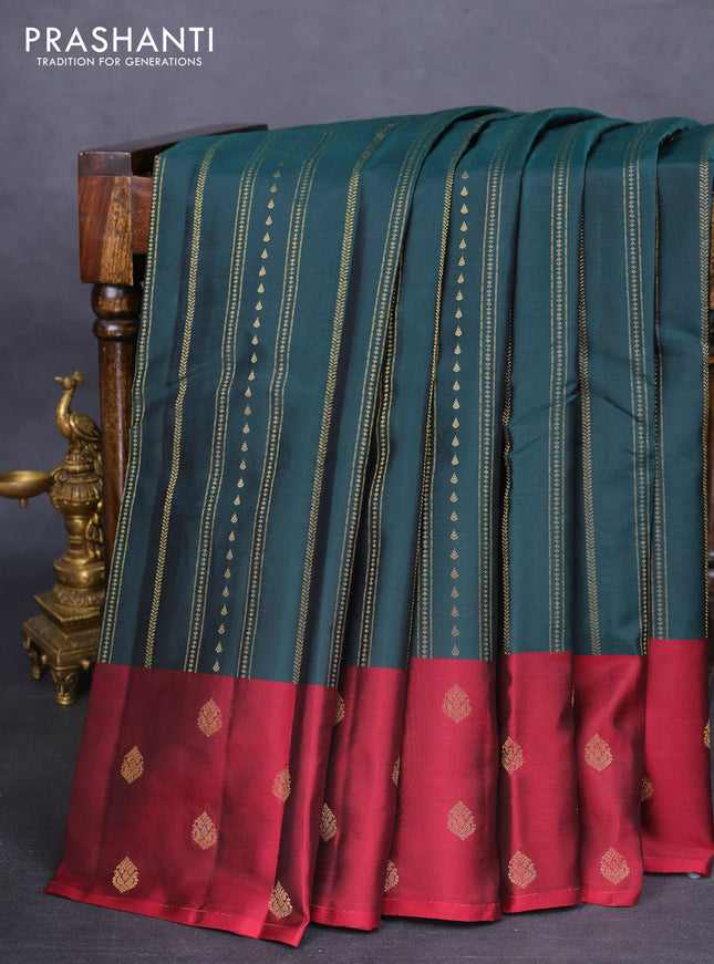 Kanchipuram silk saree green and maroon with allover zari weaves and zari woven butta border