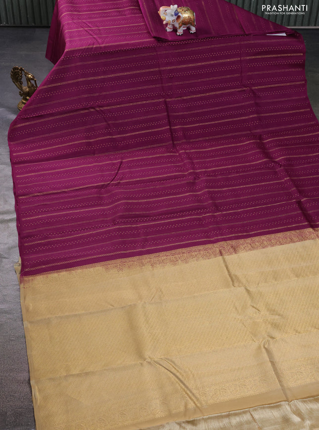 Kanchipuram silk saree wine shade and beige with allover zari weaves & self emboss in borderless style