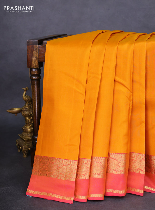 Kanchipuram silk saree mango yellow and dual shade of pink with plain body and rettapet zari woven border