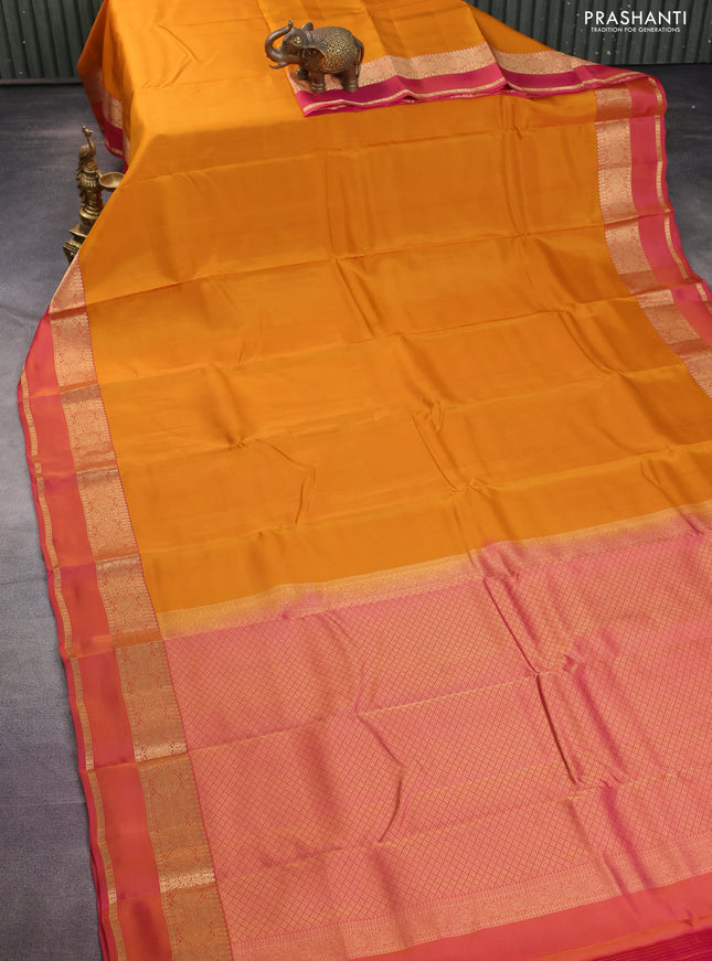 Kanchipuram silk saree mango yellow and dual shade of pink with plain body and rettapet zari woven border
