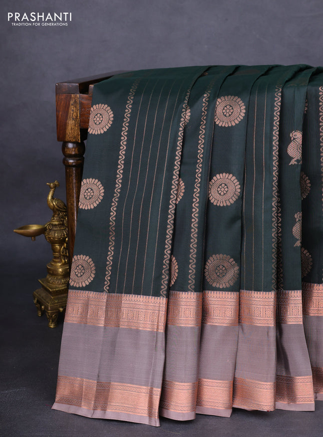 Kanchipuram silk saree bottle green and grey with copper zari woven buttas and rettapet copper zari woven border
