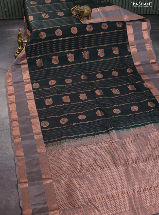 Kanchipuram silk saree bottle green and grey with copper zari woven buttas and rettapet copper zari woven border