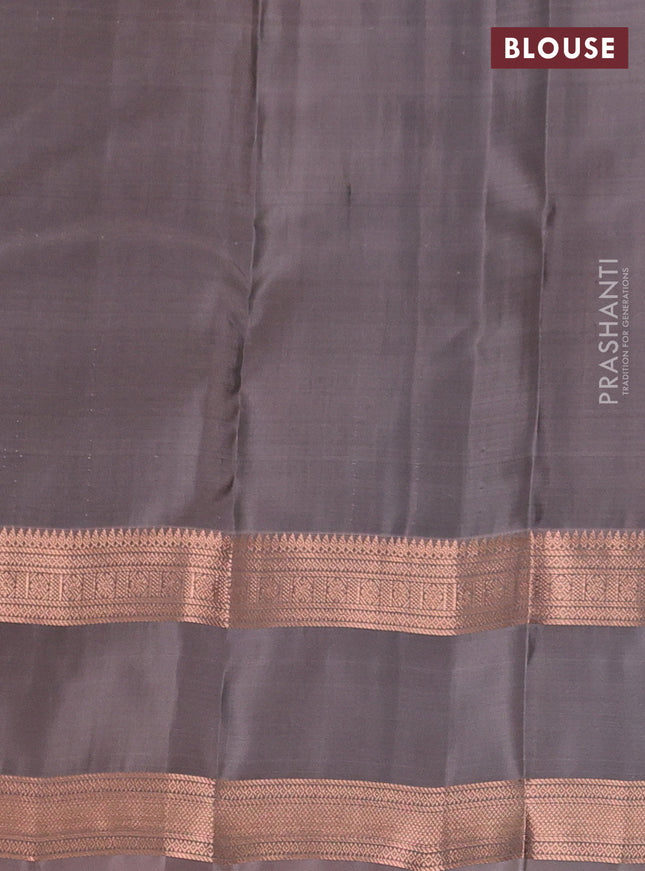 Kanchipuram silk saree bottle green and grey with copper zari woven buttas and rettapet copper zari woven border