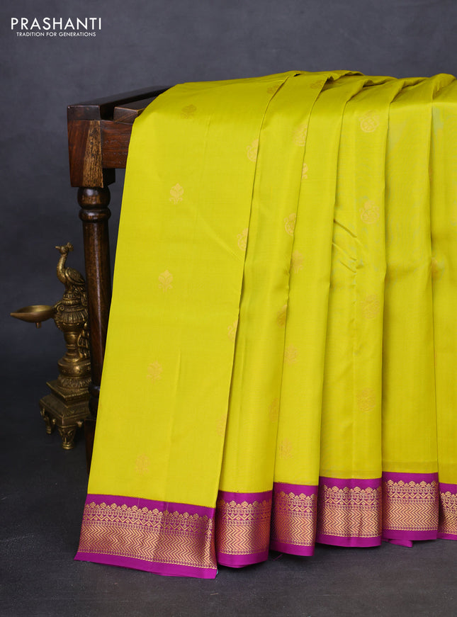 Kanchipuram silk saree lime yellow and purple with zari woven buttas and zari woven korvai border