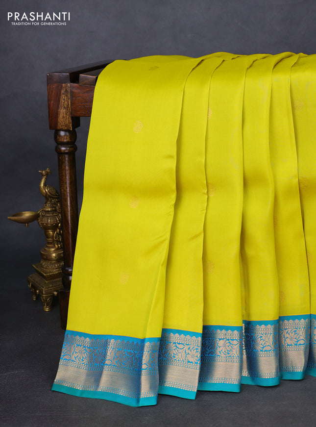 Kanchipuram silk saree lime yellow and dual shade of teal green with zari woven buttas and zari woven border