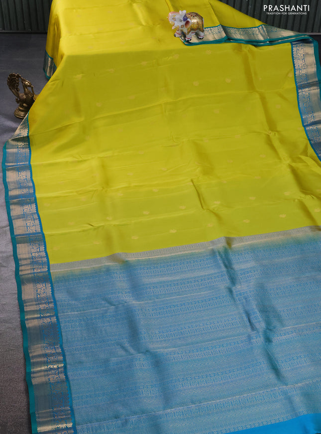 Kanchipuram silk saree lime yellow and dual shade of teal green with zari woven buttas and zari woven border