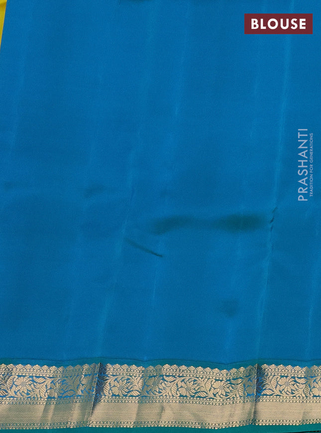 Kanchipuram silk saree lime yellow and dual shade of teal green with zari woven buttas and zari woven border