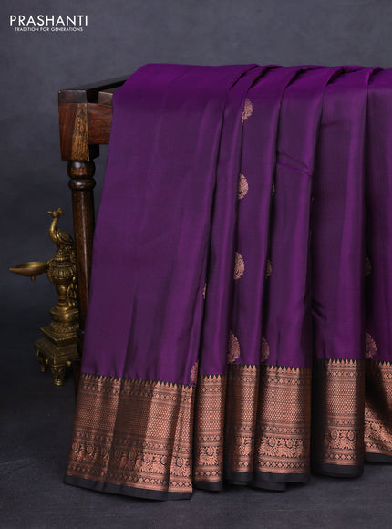 Kanchipuram silk saree deep violet and black with copper zari woven buttas and copper zari woven border