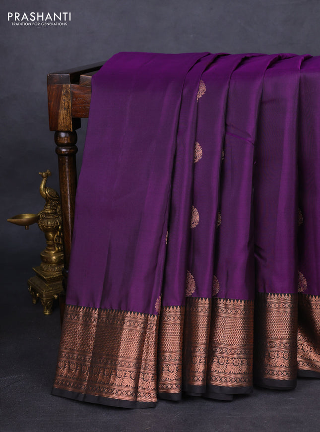 Kanchipuram silk saree deep violet and black with copper zari woven buttas and copper zari woven border