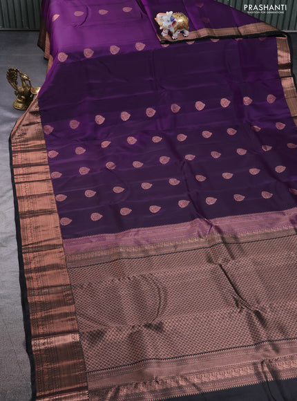 Kanchipuram silk saree deep violet and black with copper zari woven buttas and copper zari woven border