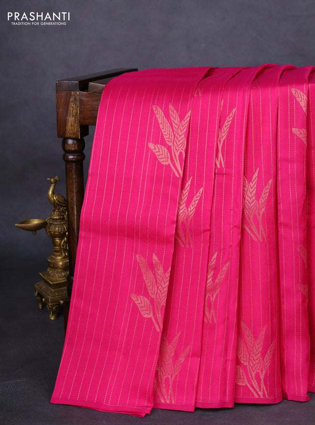 Kanchipuram silk saree pink and mustard yellow with allover zari weaves in borderless style