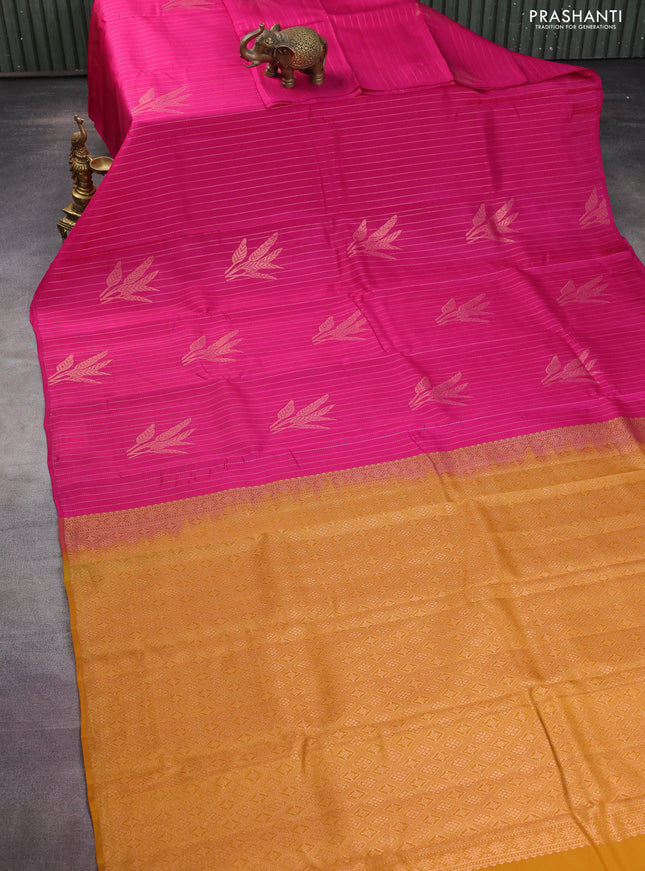Kanchipuram silk saree pink and mustard yellow with allover zari weaves in borderless style