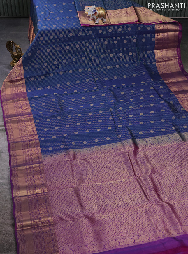 Kanchipuram silk saree peacock blue and purple with allover zari weaves and rich zari woven border