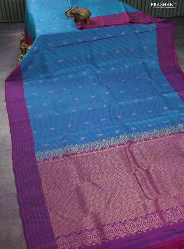 Kanchipuram silk saree dual shade of blue and purple with allover zari weaves and zari woven border