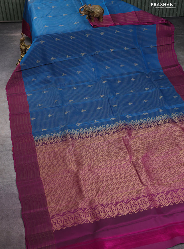 Kanchipuram silk saree peacock blue and purple with allover zari weaves and zari woven border