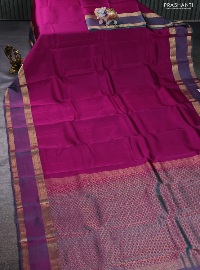 Kanchipuram silk saree purple and dual shade of teal green with plain body and rettapet zari woven border
