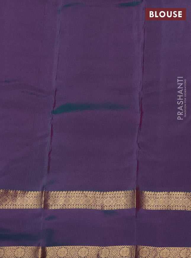 Kanchipuram silk saree purple and dual shade of teal green with plain body and rettapet zari woven border