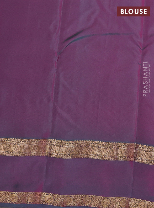 Kanchipuram silk saree pink and dual shade of teal green with plain body and rettapet zari woven border