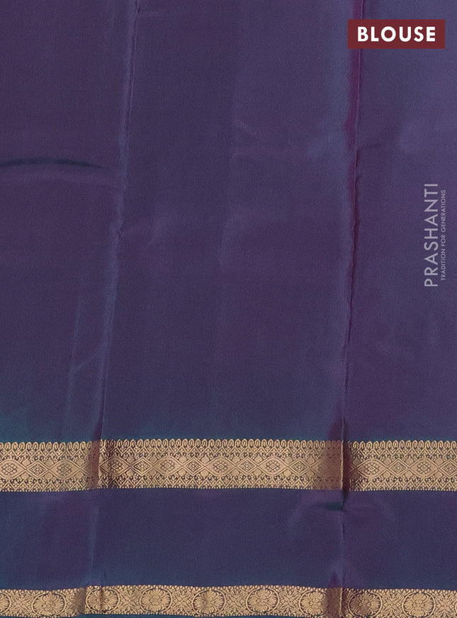 Kanchipuram silk saree purple and dual shade of teal green with plain body and rettapet zari woven border