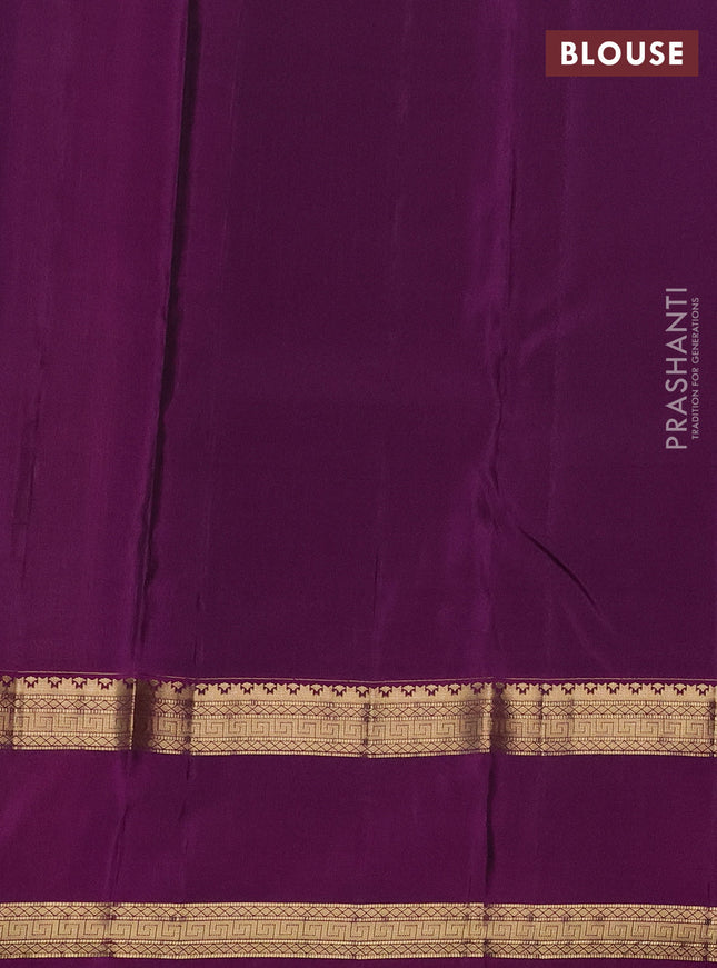 Kanchipuram silk saree grey and purple with plain body and rettapet zari woven border