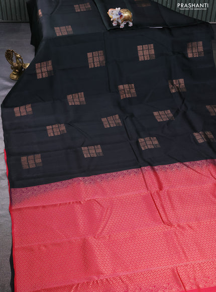 Kanchipuram silk saree dark bottle green and dual shade of pinkish orange with allover self emboss and zari butta border