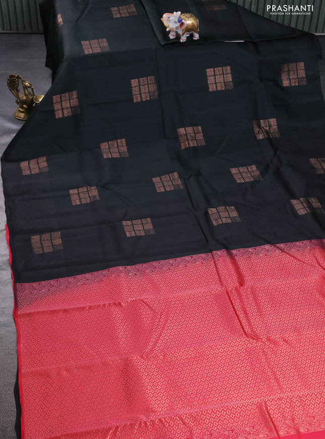 Kanchipuram silk saree dark bottle green and dual shade of pinkish orange with allover self emboss and zari butta border