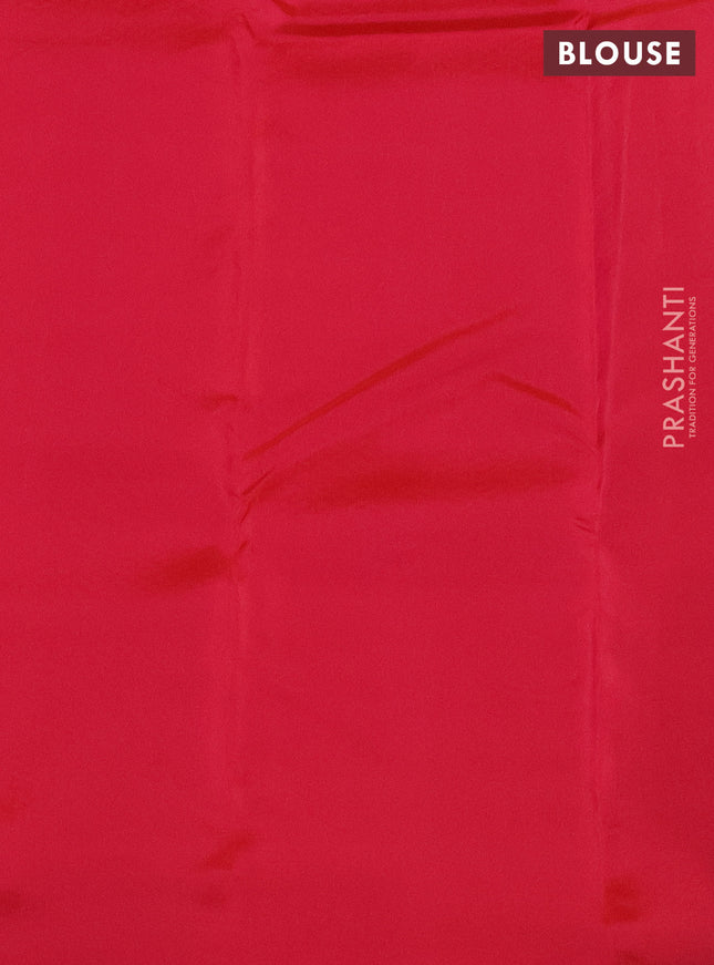 Kanchipuram silk saree dark bottle green and dual shade of pinkish orange with allover self emboss and zari butta border