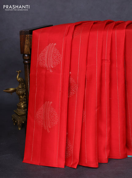 Kanchipuram silk saree red and teal blue with allover zari weaves & buttas in borderless style