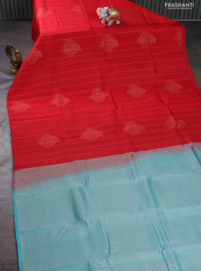 Kanchipuram silk saree red and teal blue with allover zari weaves & buttas in borderless style