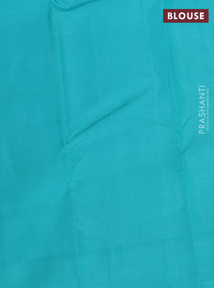 Kanchipuram silk saree red and teal blue with allover zari weaves & buttas in borderless style