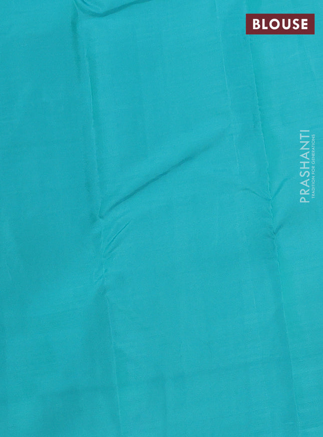 Kanchipuram silk saree red and teal blue with allover zari weaves & buttas in borderless style
