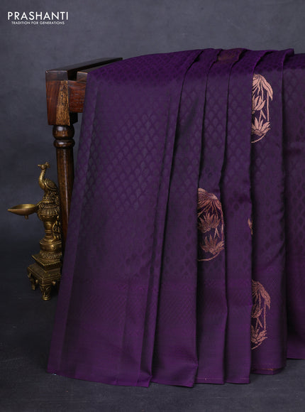 Kanchipuram silk saree deep violet and mustard yellow with allover self emboss and zari butta border
