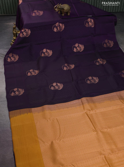 Kanchipuram silk saree deep violet and mustard yellow with allover self emboss and zari butta border