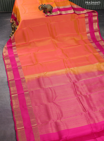 Kanchipuram silk saree dual shade of pinkish yellow and pink with palin body and rettapet zari woven border