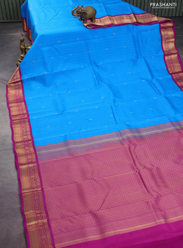 Kanchipuram silk saree cs blue and purple with allover zari weaves and zari woven korvai border
