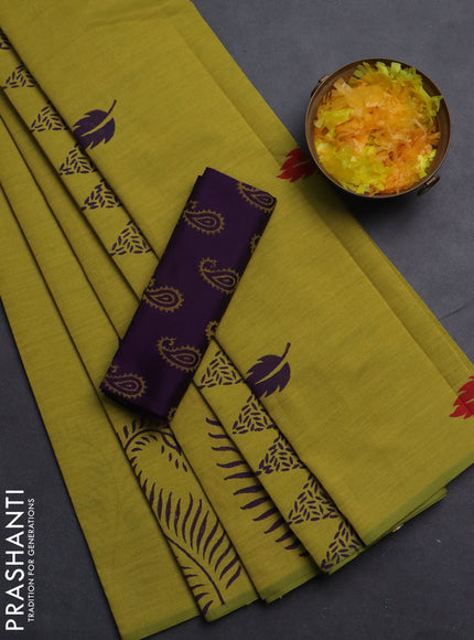 Semi silk cotton saree lime green and deep purple with leaf butta prints in borderless style