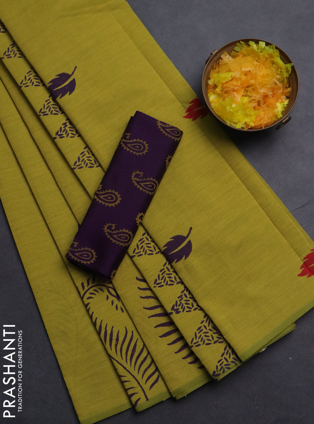 Semi silk cotton saree lime green and deep purple with leaf butta prints in borderless style