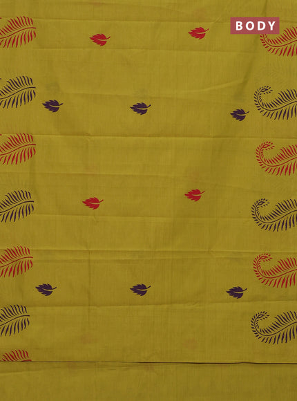 Semi silk cotton saree lime green and deep purple with leaf butta prints in borderless style