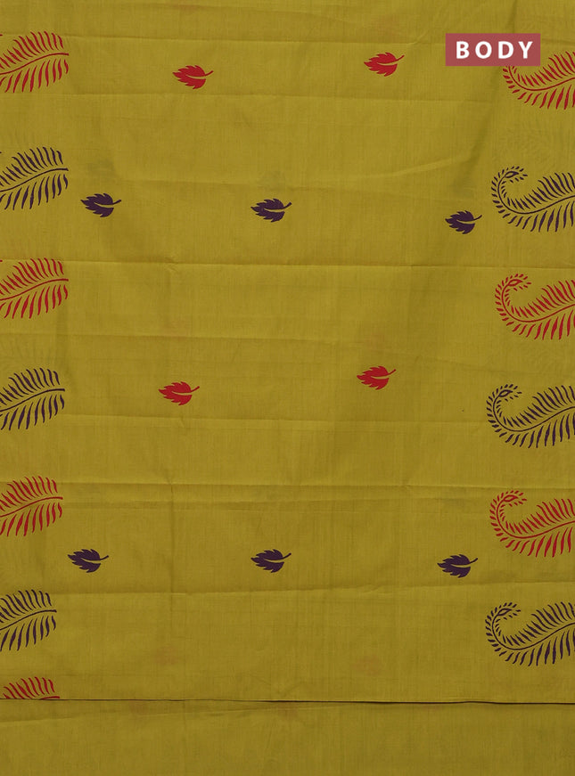 Semi silk cotton saree lime green and deep purple with leaf butta prints in borderless style