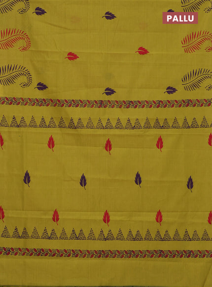 Semi silk cotton saree lime green and deep purple with leaf butta prints in borderless style